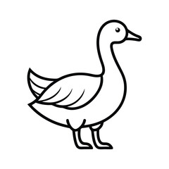 A minimalist black and white line drawing of a goose. The bird is depicted standing with its head turned to the right.