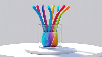 Colorful reusable silicone straws in a rainbow glass