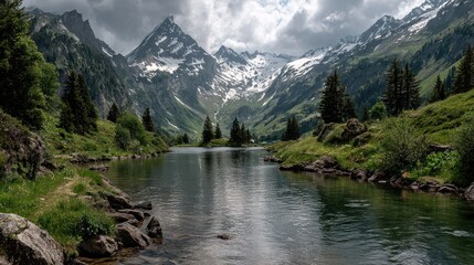 Fototapeta premium Mountain lake nestled in a valley under a dramatic sky