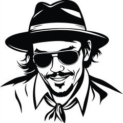 Smiling man with long hair wears a hat and sunglasses in black and white