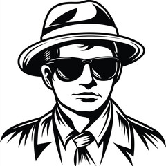 Monochrome man wearing sunglasses, hat, suit, and tie is portrayed in a stylized portrait