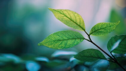 Close-up of vibrant green leaves, soft focus bokeh background