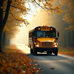 Obraz premium School bus on rural road with early fog and yellow leaves