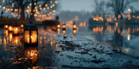 Glowing lanterns line a water's edge at dusk