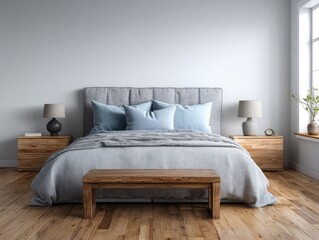 Serene bedroom with wooden floors, bed, and nightstands