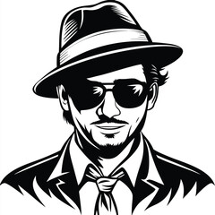 Stylish monochrome portrait of a man with a fedora hat and sunglasses exudes confidence
