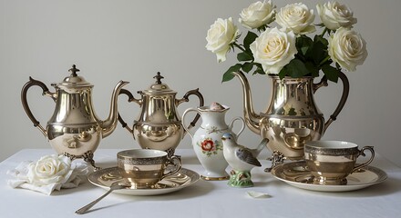 Silver Tea Set & White Roses: Still Life Elegance