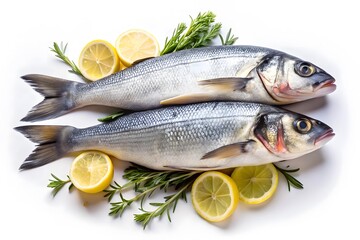 Two fresh sea bass fish arranged with sliced lemons and rosemary sprigs on a white background