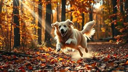 Happy golden retriever puppy and a Jack Russell terrier running on the grass in the park during the beautiful autumn fall. This content was generated by an Artificial Intelligence AI system.