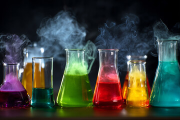 Colorful chemical flasks with liquid