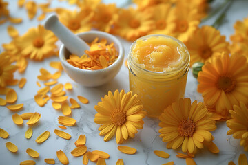 Calendula products. Essential oil, ointment and a mortar on a table, fresh blooming calendula background,