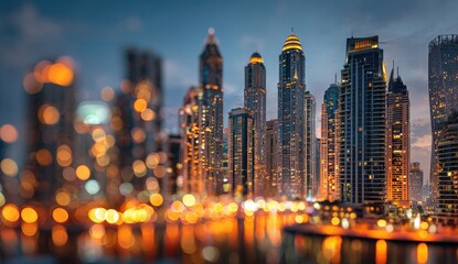 Night cityscape, blurred foreground, tall buildings, city lights
