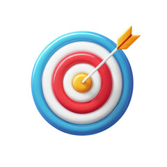 Vibrant dartboard with concentric blue, white, and red rings featuring a yellow bullseye pierced by an arrow with yellow fletching on transparent background