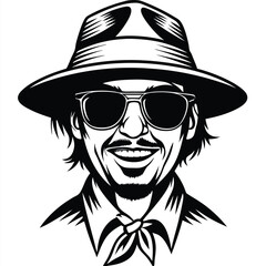 Smiling man wearing a hat and sunglasses looks happy in this artistic rendering