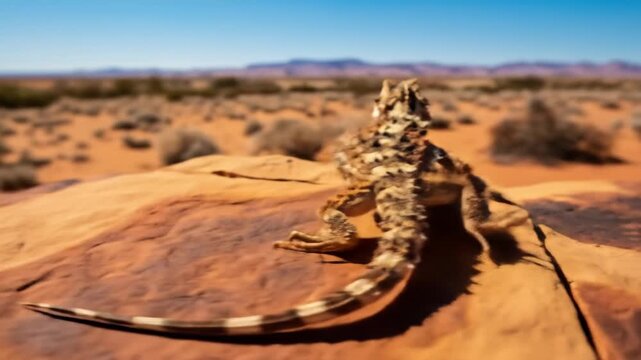 Thorny Devil Lizard Standing on Desert Rock in Arid Landscape