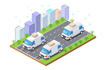 Isometric illustration of delivery vans driving through a city during a rain shower