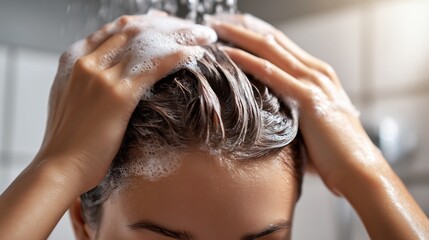 Washing hair in the shower with attention to cleanliness and hair care techniques