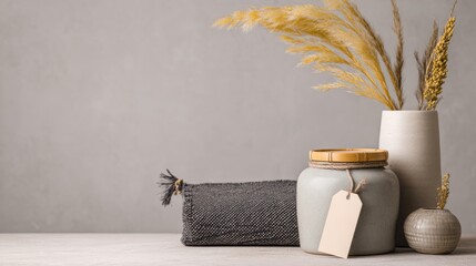 Minimalist still life with slender reeds and ceramic jar on canvas bag, muted gray-yellow palette, texture contrast for eco-conscious branding and home decor themes