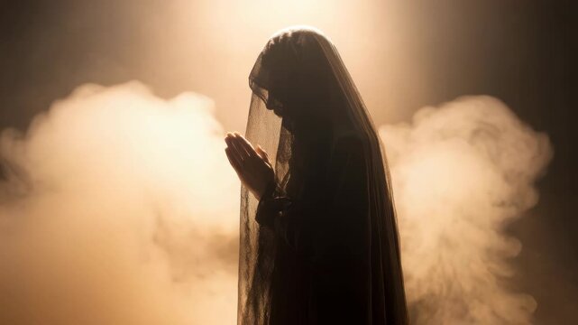 Mysterious Figure in Shadow Praying in Smoke Filled Room, Silhouette of Faith