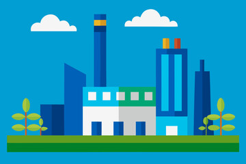 Modern industrial factory building with smokestack and surrounding greenery