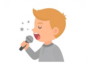 Cartoon illustration of a young boy singing into a microphone with closed eyes and musical notes.