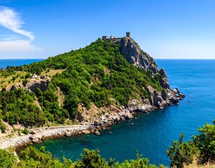 Coastal Fortress Verdant Hillside Meeting Azure Sea Under a Clear Sky Vacation Destination