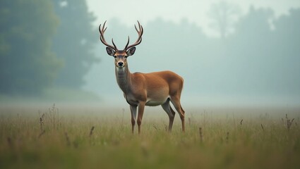 Fototapeta premium Deer in early morning fog in open meadow, mystical calm
