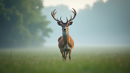 Deer in early morning fog in open meadow, mystical calm