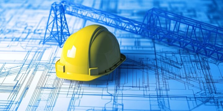 Construction Planning on Engineering Blueprint with Yellow Hardhat, Design Process and Plan