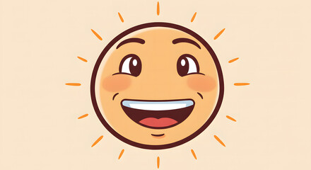 A cheerful cartoon sun character with a big happy smile. A cute and friendly face illustration radiating warmth and joy, representing positivity.