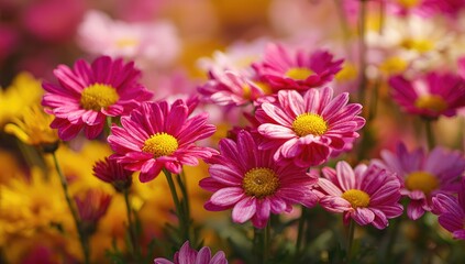 Obraz premium Vibrant pink and yellow flowers in soft focus