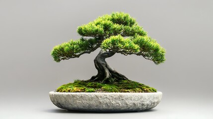 Elegant bonsai tree with vibrant green foliage in a rustic stone pot
