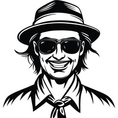 Smiling man with hat and sunglasses sports tie, black and white design