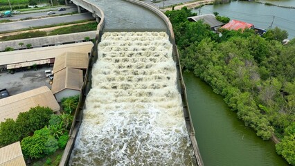 The canal drains water to the sea to prevent floods, stores fresh water, and supports road transport along its embankment for efficient water and land management. Thailand.
