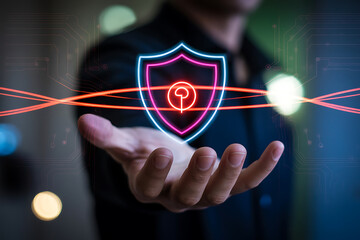 Man s hand holding a glowing digital security shield with network lines