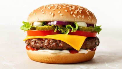 Delicious burger creation kitchen food photography bright setting close-up culinary art