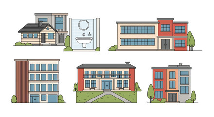 Collection of modern pixelated buildings featuring diverse architectural styles for urban design and development projects