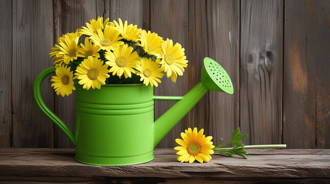 Bright yellow daisies in a green watering can wooden background rustic - Powered by Adobe