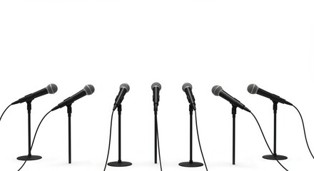 Eight black microphones arranged in a row on white background  