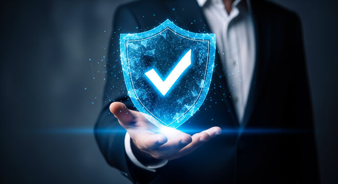 Digital security shield with checkmark held by a businessperson