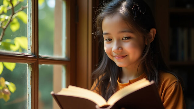 Student reading book at window with leaf shadows on face, dreamy and warm