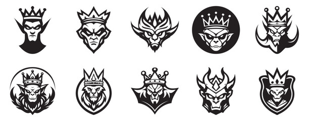 Ferocious Alien Wearing Crown logo illustration set collection representing powerful extraterrestrial royalty with an aggressive edge suitable for sci fi games comic series and bold branding projects