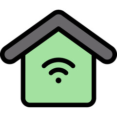 A stylized icon of a green house with a Wi-Fi symbol, representing a smart home, connectivity, and home automation.