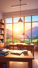 Fototapeta premium Room with mountain view at sunrise