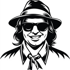 Smiling man wearing a hat and sunglasses in monochrome art exudes vintage charm
