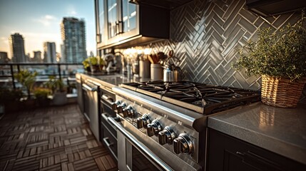Obraz premium Rooftop kitchen with city view. Modern outdoor cooking appliances and cabinetry are in focus. Natural light illuminates the space