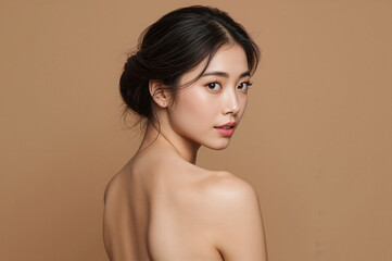 Elegant portrait of a beautiful Asian woman looking over her shoulder gracefully.