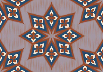  This seamless Ikat pattern features floral stars within diamond frames, using red, cream, and navy over a muted lavender base, evoking elegance and symmetry.