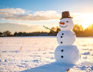 Obraz premium Snowman at sunset in snowy field