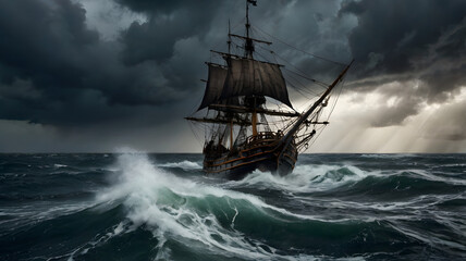 Obraz premium Old Sailing Ship in Stormy Sea with Dark Clouds and Rough Waves